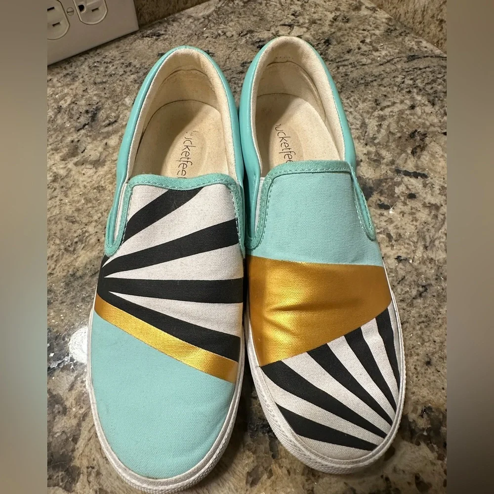 Bucket Feet canvas, and leather‎ Aqua and Gold Slip-On Shoes